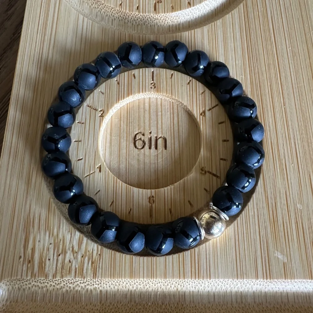 Matte w/ Polished Geo Design Onyx Stretch Bracelet w/ Gold & Silver Spacers
